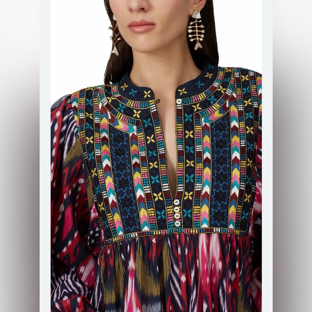 Figue Nora Dress Ikat Print with Embellished Yoke Size M